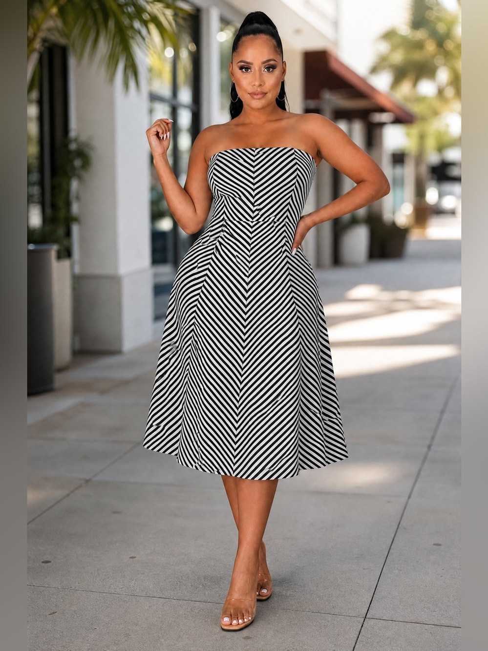 White House Black Market Strapless Black & White Chevron Dress
